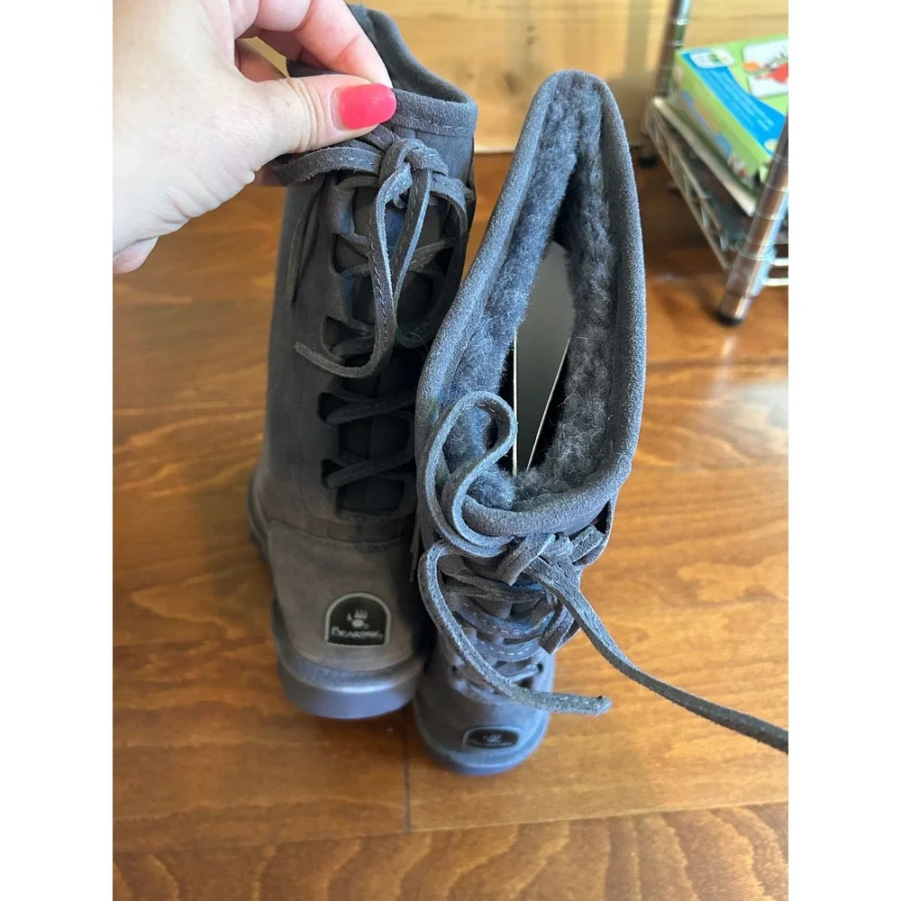 Bearpaw Women Charcoal Gray Suede Lace Back NeverWet Mid Calf Boots NWT Sz 7